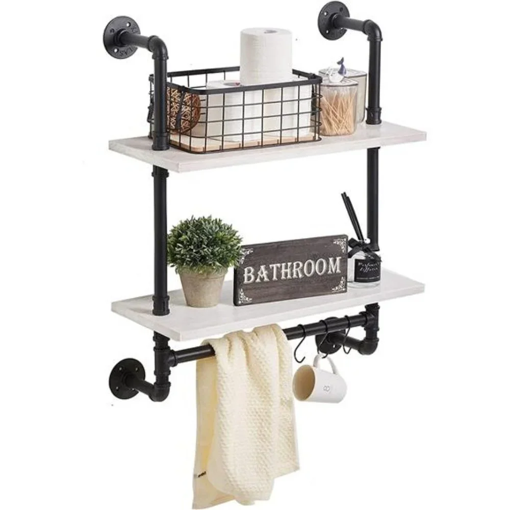 Pipe Shelving Bathroom Pipe Shelves with Towel Bar,2 Tier 24 inch Retro White